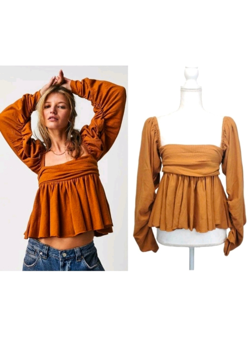 Free People Gigi Long Sleeve Peplum Top Boho Smocked Brown Clay Size L